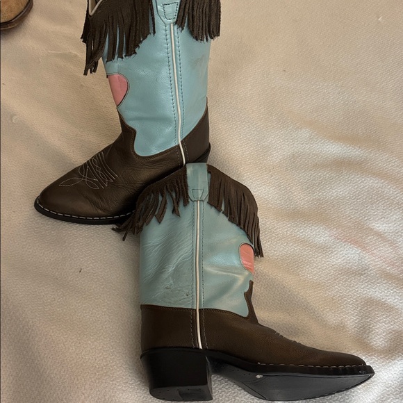 Old West Brown and Blue Western Boots with Heart & Fringe Size 2 - Picture 3 of 5